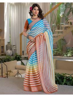 Nyri - Multi-Color Stripes Printed Embroidery Linen Ready To Wear Saree