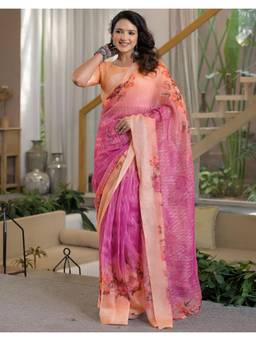 Nyri - Pink Printed Embroidery Linen Ready To Wear Saree