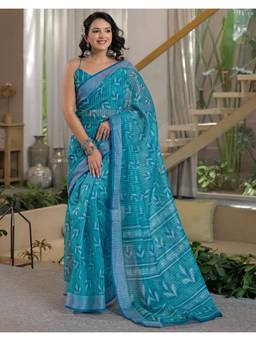 Nyri - Teal Printed Linen Ready To Wear Saree