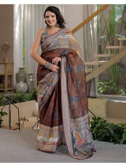 Nyri - Brown Printed Linen Ready To Wear Saree