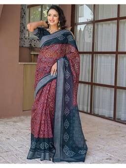 Nyri - Maroon Printed Linen Ready To Wear Saree