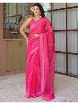 Nyri - Pink Bandhani Printed Linen Ready To Wear Saree
