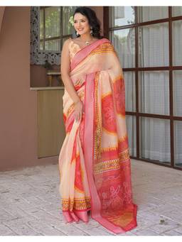 Nyri - Peach Bandhani Printed Linen Ready To Wear Saree