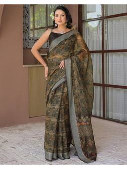 Nyri - Brown Printed Embroidery Linen Ready To Wear Saree