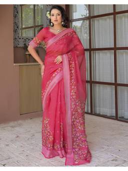 Nyri - Pink Printed Linen Ready To Wear Saree