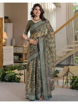 Nyri - Pista Green Paisley Printed Linen Ready To Wear Saree
