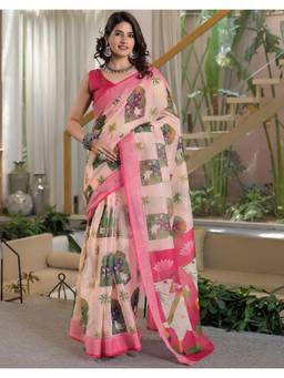 Nyri - Peach Printed Embroidery Linen Ready To Wear Saree