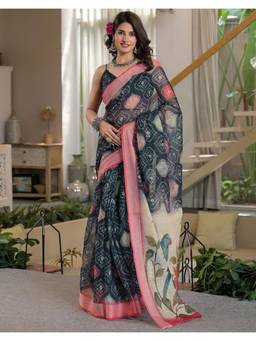 Nyri - Black Bandhani Printed Linen Ready To Wear Saree