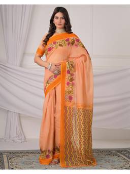 Nyri - Peach Floral Printed Linen Ready To Wear Saree