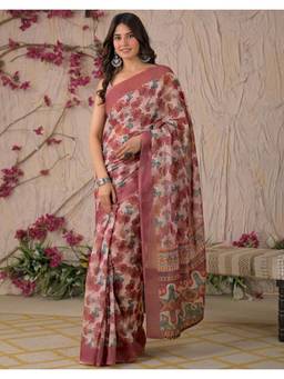 Nyri - Dark Mauve Printed Linen Ready To Wear Saree