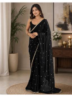 Nyri - Black Sequins Embroidery Silk Ready To Wear Saree