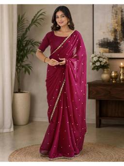 Nyri - Magenta Sequins Embroidery Silk Ready To Wear Saree