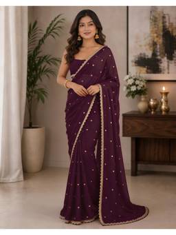 Nyri - Wine Sequins Embroidery Silk Ready To Wear Saree
