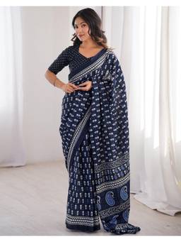 Nyri - Navy Blue Printed Cotton Ready To Wear Saree