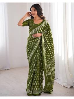 Nyri - Olive Green Printed Cotton Ready To Wear Saree