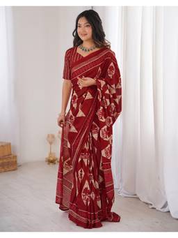 Nyri - Maroon Printed Cotton Ready To Wear Saree