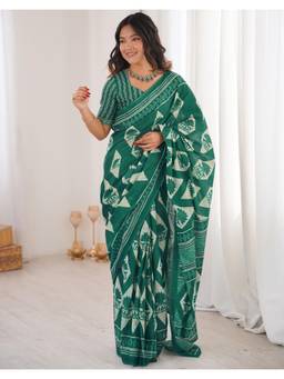 Nyri - Teal Green Printed Cotton Ready To Wear Saree