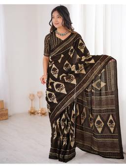 Nyri - Dark Brown Printed Cotton Ready To Wear Saree
