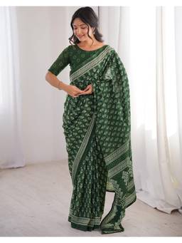Nyri - Dark Green Printed Cotton Ready To Wear Saree