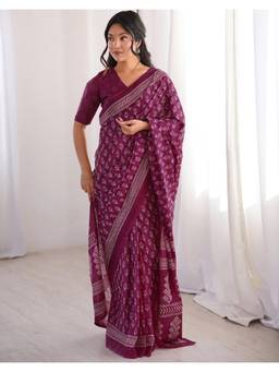 Nyri - Dark Magenta Printed Cotton Ready To Wear Saree