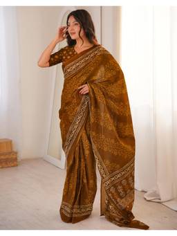 Nyri - Brown Printed Cotton Ready To Wear Saree