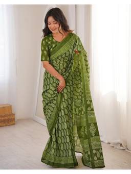 Nyri - Green Printed Cotton Ready To Wear Saree