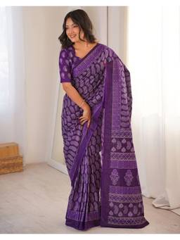 Nyri - Purple Printed Cotton Ready To Wear Saree