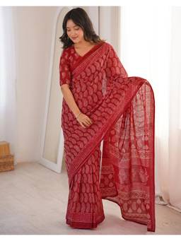 Nyri - Red Printed Cotton Ready To Wear Saree