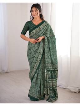 Nyri - Dark Green Printed Cotton Ready To Wear Saree