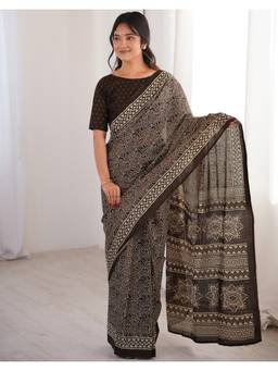Nyri - Dark Brown Printed Cotton Ready To Wear Saree