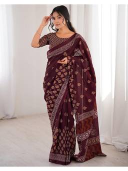 Nyri - Dark Wine Printed Cotton Ready To Wear Saree