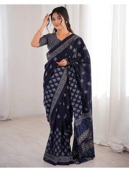 Nyri - Navy Blue Printed Cotton Ready To Wear Saree