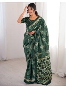 Nyri - Dark Green Printed Cotton Ready To Wear Saree