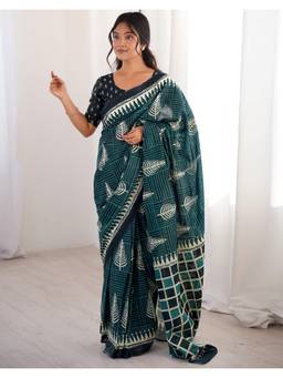 Nyri - Rama Blue Printed Cotton Ready To Wear Saree