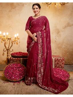 Nyri - Red Sequins Embroidery Georgette Ready To Wear Saree