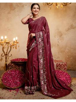 Nyri - Maroon Sequins Embroidery Georgette Ready To Wear Saree