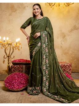 Nyri - Olive Sequins Embroidery Georgette Ready To Wear Saree