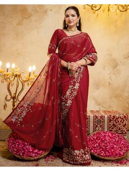 Nyri - Rust Sequins Embroidery Georgette Ready To Wear Saree