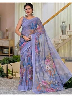 Nyri - Light Blue Floral Printed Linen Ready To Wear Saree