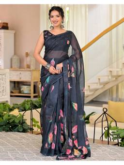 Nyri - Black Floral Printed Linen Ready To Wear Saree