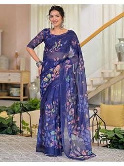 Nyri - Blue Printed Linen Ready To Wear Saree