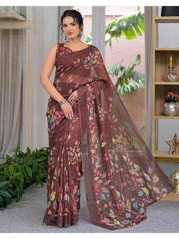 Nyri - Dusty Wine Floral Printed Linen Ready To Wear Saree