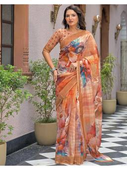 Nyri - Peach Printed Linen Ready To Wear Saree