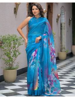 Nyri - Dark Sky Blue Floral Printed Linen Ready To Wear Saree