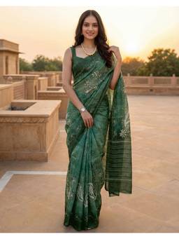 Nyri - Dusty Green Printed Cotton Silk Ready To Wear Saree