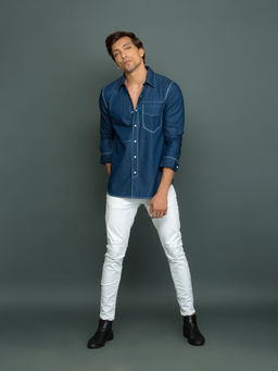 Echke - Blue Denim with White Press Button Pocket with White Stitch Detailing