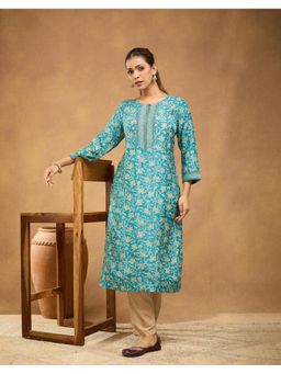 Fabindia - Blue Rayon Blend Hand Block Printed Long Kurta