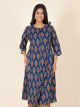 ARAMYA - Blue Soft Cotton Floral Print A-Line Kurta