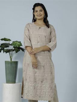 ARAMYA - Beige Chanderi Panelled Floral Print Kurta