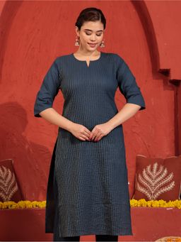 ARAMYA - Blue Soft Cotton Straight Solid Kurta
